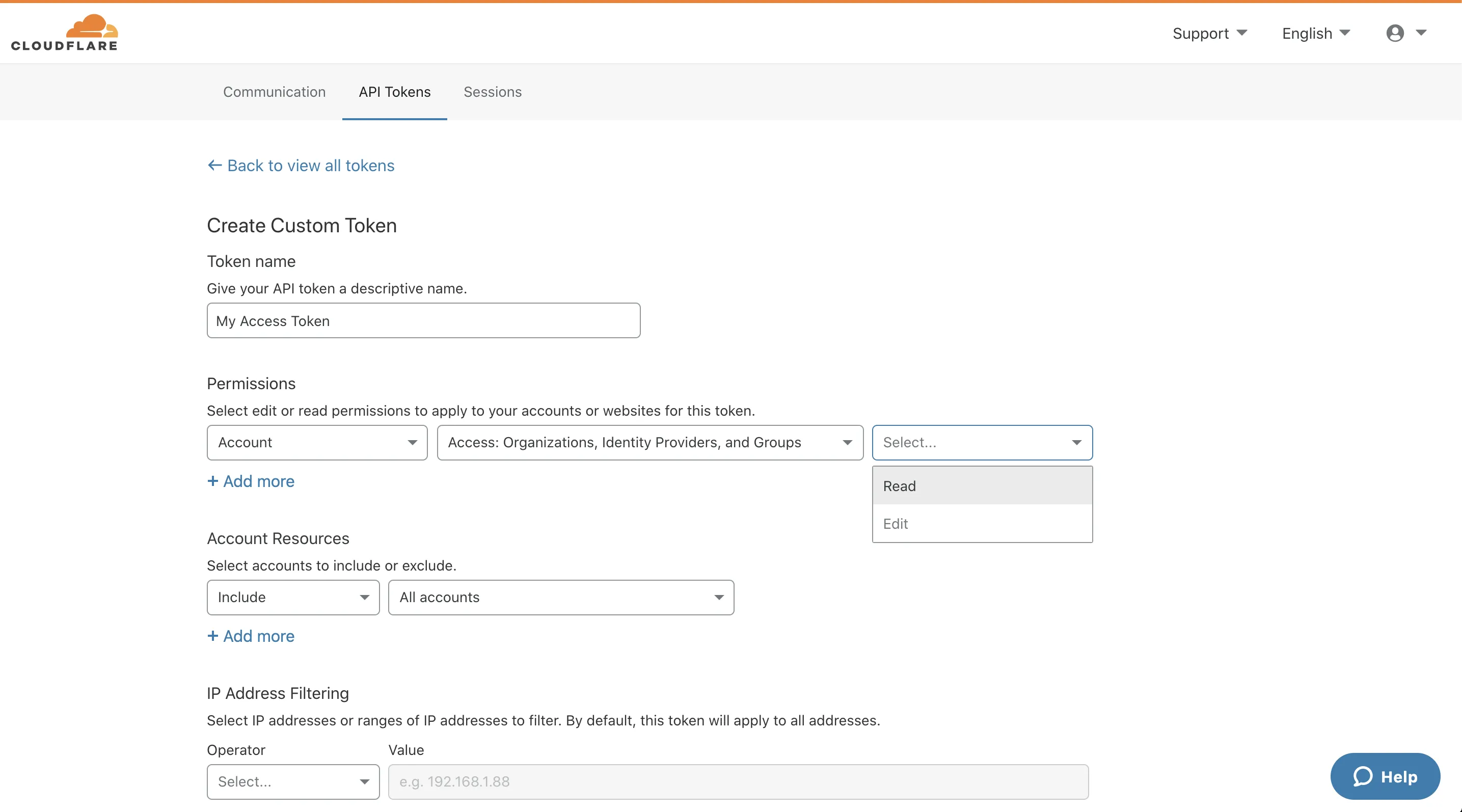 Dropdown displaying read and write options for API token customization.